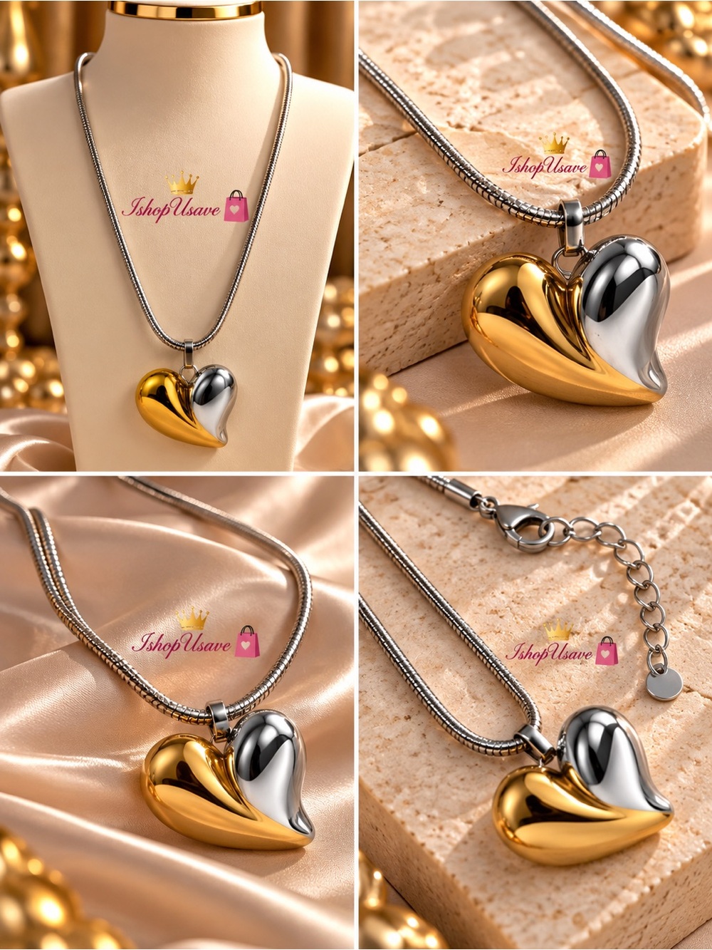 Stainless Steel Two-Tone Gold & Silver Heart Pendant Necklace for Women